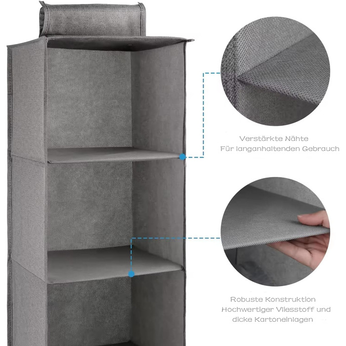 Настінна полиця-органайзер для шафи з 6 відділеннями та 2 кишенями сірого кольору для одягу та взуття
