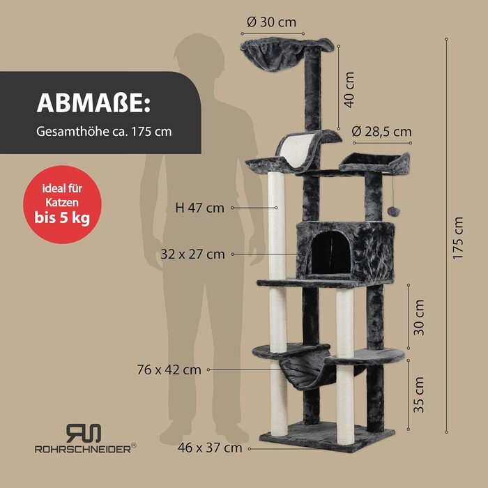 Драбина-стілець для котів Rohrschneider Kratzbaum Travel сірого кольору з інтегрованим м'ячиком та гамаком
