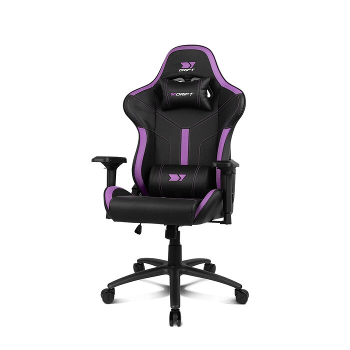 Професійне ігрове крісло DRIFT GAMING DR350 ергономічне, з 4D-підлокітниками, подушками під поперек та шию, нахил 135°, безшумні колеса, чорно-фіолетове
