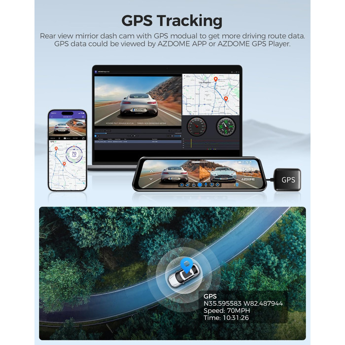 Dashcam AZDOME PG17 4K: Дзеркало заднього виду з відеозаписом, WiFi, GPS, нічне бачення, голосове керування, 64GB карта в комплекті