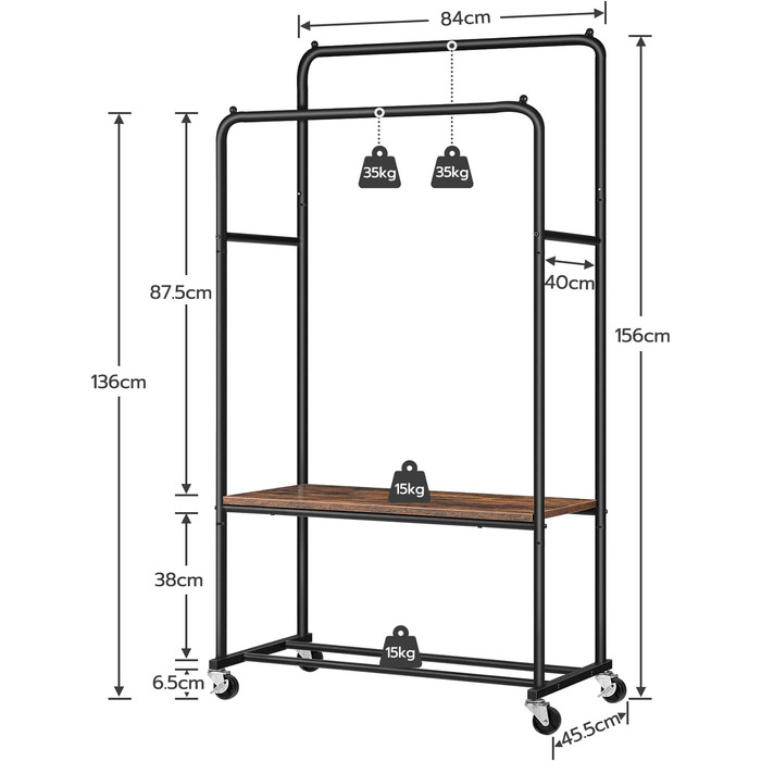 HOOBRO Clothes Rack with Wheels, Heavy Duty Clothes Rod, Garment Rack with 2 Clothes Rods and Shelf, Up to 100 kg Load Capacity, for Bedroom, Hallway, Dark Brown-Black EBF22LY01