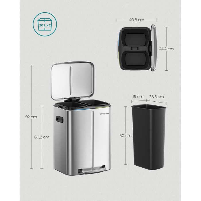 SONGMICS Відро для сміття 40 л з 2 відсіками (2 x 20 л), металевий третемер з пластиковим внутрішнім відром, Softclose, герметичний, білий LTB40WT (срібний)