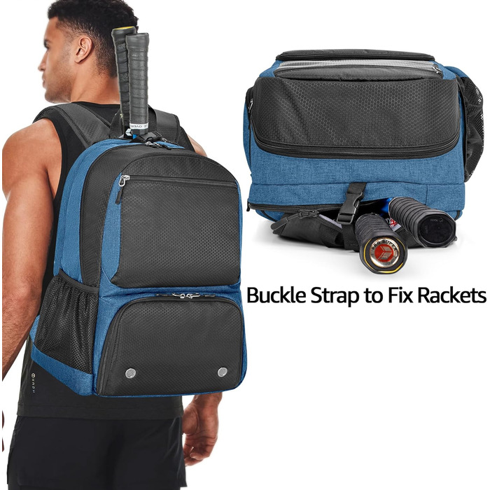 Рюкзак для тенісу DSLEAF з відділенням для взуття, сумка для 2 ракет, з м'якими лямками, вентильоване відділення для взуття, для жінок та чоловіків (блакитний)