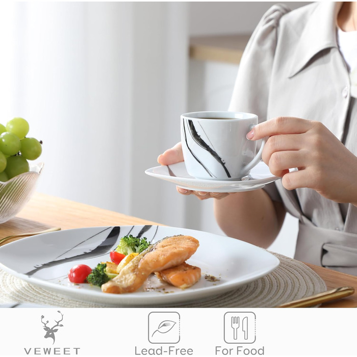 Набір посуду VEWEET FIONA (30 предметів): тарілки та миски для 4 осіб, чорно-сі лінії, для вечері, безпечний у мікрохвильовці та посудомийній машині