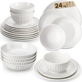 MALACASA LEILA Набір посуду на 6 осіб, 24 елементи: тарілки, миски, порцеляна, ручна робота, для мікрохвильовки та посудомийної машини, білий