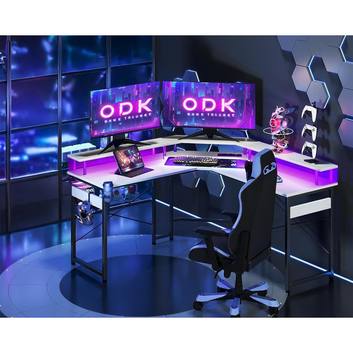 Ігровий стіл ODK з LED-підсвіткою, 2 розетками та 2 USB, кутовий білий комп'ютерний стіл з підставкою для монітора 129x129 см для геймінгу та домашнього офісу
