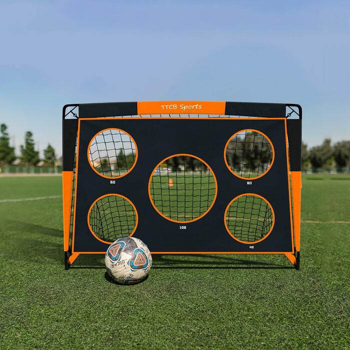 TTCB Sports 2-in-1 Kids Soccer Goal - 5 Target Areas, Pop-Up Soccer Goal Net with Carry Bag, Ideal for Soccer Training & Gifts for Boys - Orange, 150x120x120cm