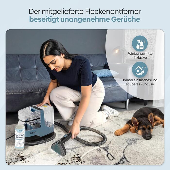 Olvy Teppichreiniger 2.0 - Потужний очищувач килимів з 17000 Па, шлангом 1.6м, кабелем 4м, функцією самоочищення та 500мл миючого засобу - для килимів, диванів, матраців та авто