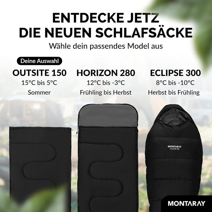 Montaray® Sleeping Bag with Hood -3°C - Outdoor Winter & Summer Sleeping Bag for Men & Women - 3-4 Season, Hut Sleeping Bag (75 x 220 cm)