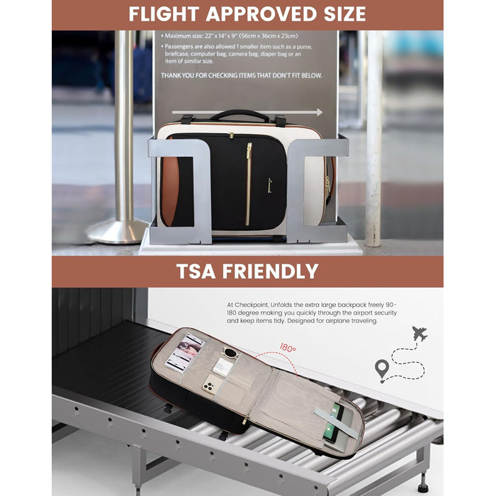 Рюкзак LOVEVOOK для ручної поклажі літака, 40L, водонепроникний, для ноутбука 17 дюймів, для подорожей, школи, роботи, кемпінгу (бежевий+чорний+коричневий)