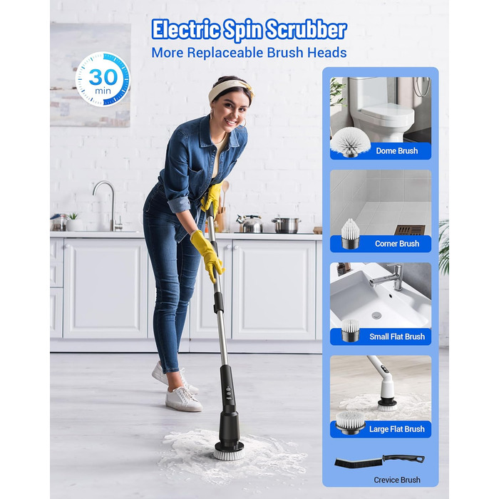 Electric Cleaning Brush, 12-in-1 Electric Spin Scrubber Cordless with 8 Replaceable Brush Heads, Electric Scrub Brush with Adjustable Handle for Bathroom, Kitchen, Tiles, Floors, Car (White) (8 in 1, Black)