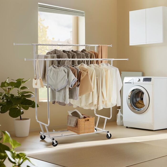 Yaheetech Clothes Rack Coat Rack with 2 Extendable Clothes Rods Freestanding on Wheels Height Adjustable Holds up to 130 KG