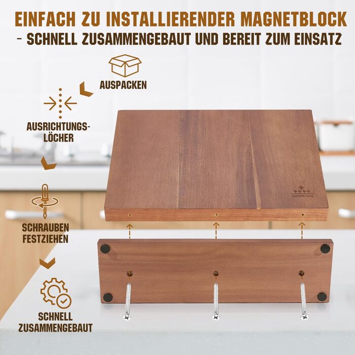 ENOKING Premium Plus Knife Block Magnetic Without Knives 38.6 x 23 cm, Double-Sided Magnetic Knife Holder Made of Acacia Wood, Magnetic Knife Block for Cutlery Display and Storage