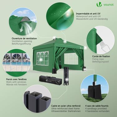 VOUNOT® 3x3m (approx. 10x10ft) Gazebo, Waterproof, Stable, Winter-Resistant, Pop-Up Folding Gazebo with 4 Side Walls and 3 Sandbags, Foldable Party Tent, Garden Tent, Garden Gazebo including Bag, Green