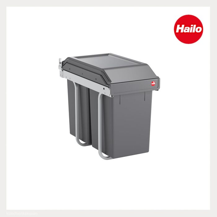 Відро для сміття Hailo Tandem 3650103 | Вбудований контейнер для сміття 2 секції з 50 мішками | для шаф шириною від 300 мм | Зручний висувний механізм на роликах | Сріблястий та антрацитовий пластик