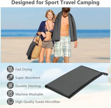 Рушник мікрофібра Flintronic, 200x100 см. Великий пляжний рушник, швидковисихаючий. Ідеально для спорту, подорожей, пляжу, сауни. Темно-сірий.