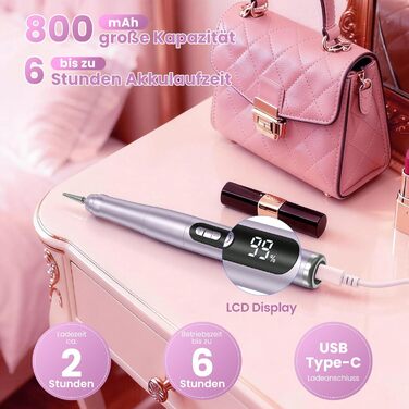 Бездротовий фрезер для нігтів 35.000 об/хв - професійний нейл-дриль для гелю та акрилу, електрична нігтьова пилка з регулюванням швидкості (фіолетовий)