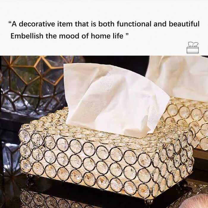 Crystal Cosmetic Box 20 × 13 × 6 cm Rectangular Gold Decorative Tissue Box, Metal Rhinestones Glitter Cosmetic Tissues Desktop Tissue Box for Bedroom Bathroom Living Room