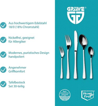 GRÄWE Stainless Steel Cutlery Set for 6 People, Place Setting Cutlery Set 30-Piece, Nickel-Free, Rust-Proof, Hand-Polished, Dishwasher-Safe - Würzburg Series