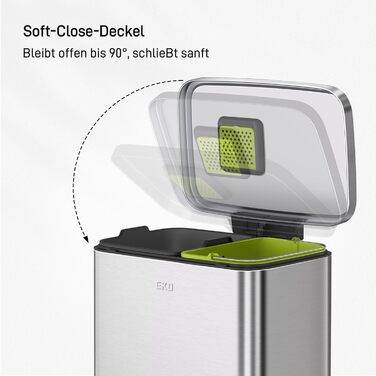 Відро для сміття EKO Madison 30L з висувним контейнером, м'яким закриттям кришки, стійке до відбитків пальців, нержавіюча сталь, прямокутне, з 20 мішками для сміття (25L+20L)