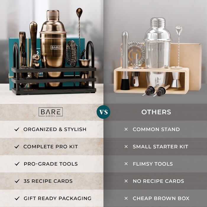 Набір бармена BARE BARREL®: 14 предметів для приготування коктейлів, шейкер Schuster (680 мл), аксесуари для бару, 35 рецептів, подарунковий набір