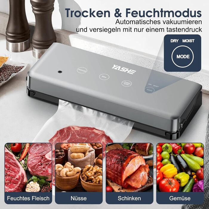Вакуумний пакувальник YASHE з сухим та вологим режимом, 5-в-1, зварювальна штанга 30 см, для су-від та консервації м'яса, риби, фруктів та овочів
