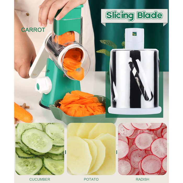 Ручна тертка Ourokhome Rotary: тертка для сиру, овочів, горіхів, картоплі, моркви (3 леза, темно-зелена)