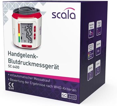 Тонометр на зап'ястя Scala SC 6400 - точний вимірювач артеріального тиску з індикатором ВООЗ, 85 місця пам'яті, Fuzzy Logic, з коробкою та батарейками, манжета 13,5-19,5 см