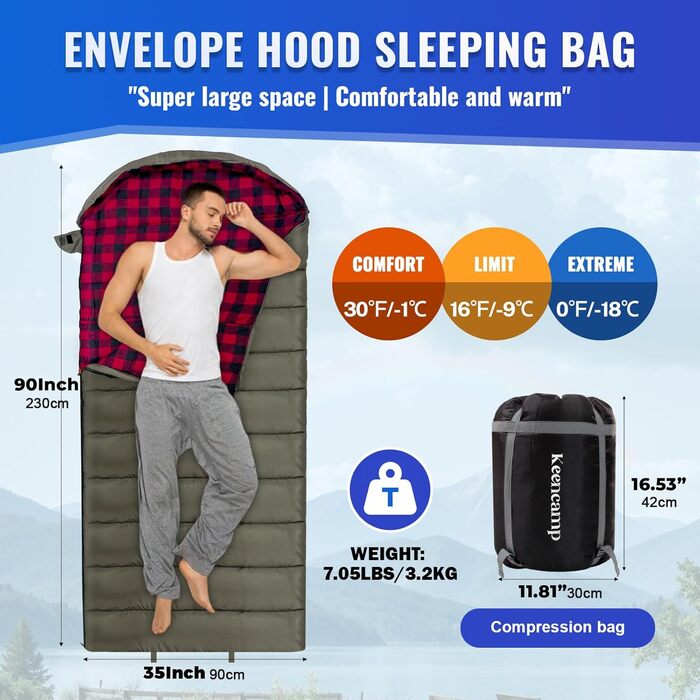 Сплячий мішок Keencamp Flanell Warmer для кемпінгу, 3-4 сезони, бавовняна підкладка, до -1°C, XXL, 230x90 см (зелений, Zip)