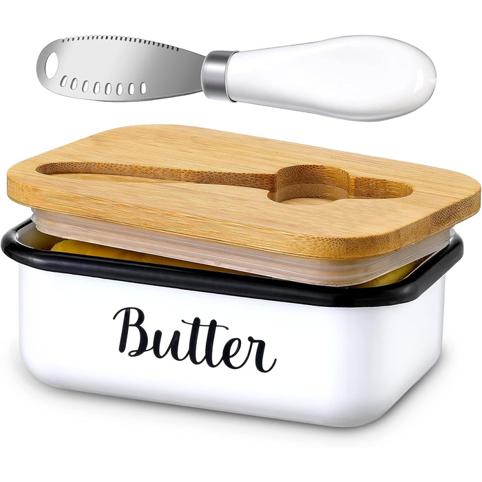 Butter dish with lid and butter spreader knife for countertop - Unbreakable metal container with high-quality double silicone seal, for kitchen farmhouse decor
