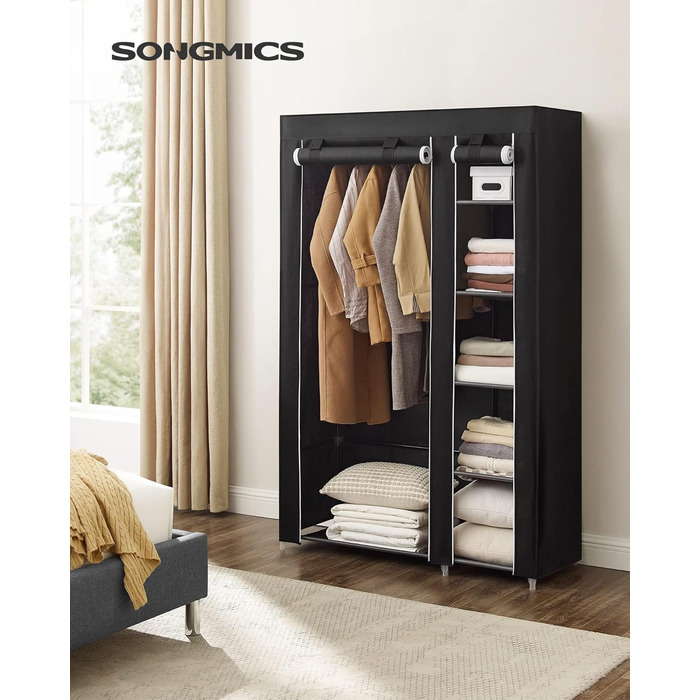 SONGMICS Fabric Wardrobe, XL, Clothes Closet, Folding Wardrobe, Camping Closet with Clothes Rail, 110 x 175 x 45 cm, Black, LSF007
