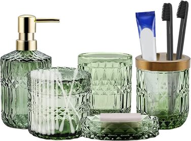 Bathroom Set, 5-Piece Glass Bathroom Accessory Sets including Lotion Dispenser, Soap Dish, Toothbrush Holder, Cup, Cotton Swabs, Modern Bathroom Decoration, Vintage Gift, Bathroom Decor Set (Green)