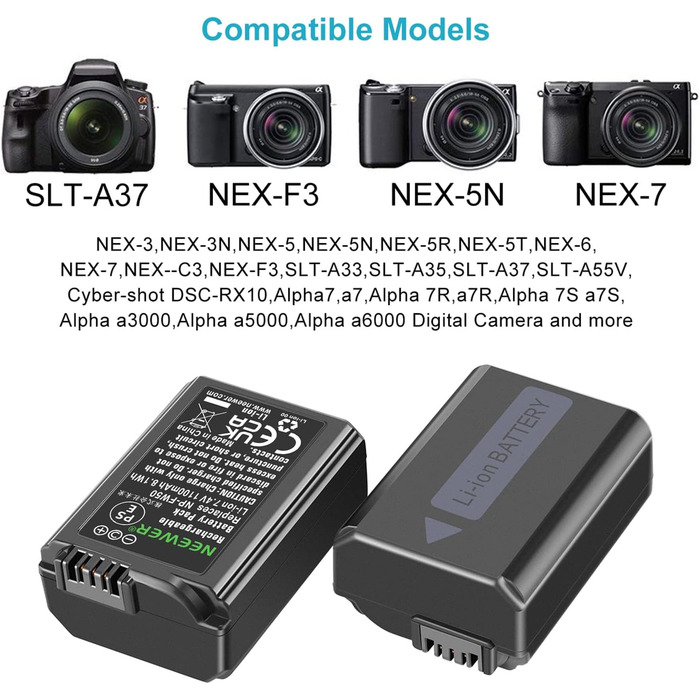 NEEWER NP-FW50 Зарядний комплект акумуляторів для камер Sony (2 шт., 1100mAh, Micro USB)