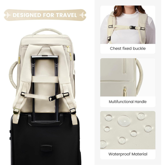 LOVEVOOK Рюкзак для жінок великий з відділенням для взуття, водовідштовхувальним відділенням та відділенням для ноутбука 17 дюймів, рюкзак для чоловіків, розширюваний ручний багаж, бізнес 30-40л для подорожей, відпочинку, походів, (Бежевий, 18 дюймів(Стан