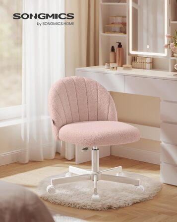 Офісний стілець SONGMICS для дому, рожевий, з м'якою оббивкою з флісу, регульована висота, для спальні, робочого кабінету, гардеробної