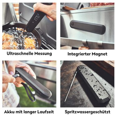 Burnhard Instant-Read Thermometer, Folding, Grill Thermometer + Leather Protective Case, Roast Thermometer, Ultra-Fast Measurement, 1.5mm Probe, 180° Invisible-Off LED Display, USB Rechargeable
