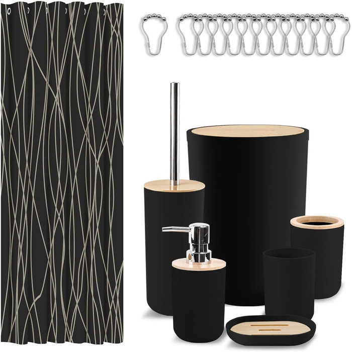 Набір аксесуарів для ванної кімнати Britimes, чорний: шторка для душу, відро, дозатор мила, тримач для унітазу, тримач для зубних щіток та стаканчик для зубних щіток