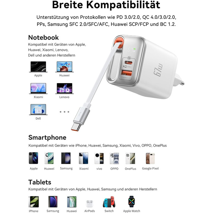 Мсдодо зарядний пристрій USB-C 67W з висувним кабелем, мережевий адаптер, зарядка GaN 3-Port з LED дисплеєм для iPhone, Galaxy, MacBook Pro, iPad