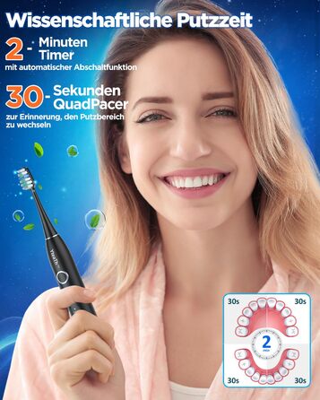 Електрична зубна щітка зі звуковими вібраціями, 8 насадок (3 типи), таймер, 120 днів роботи від акумулятора, 5 режимів чищення, чорний колір, для дорослих, з зарядною станцією