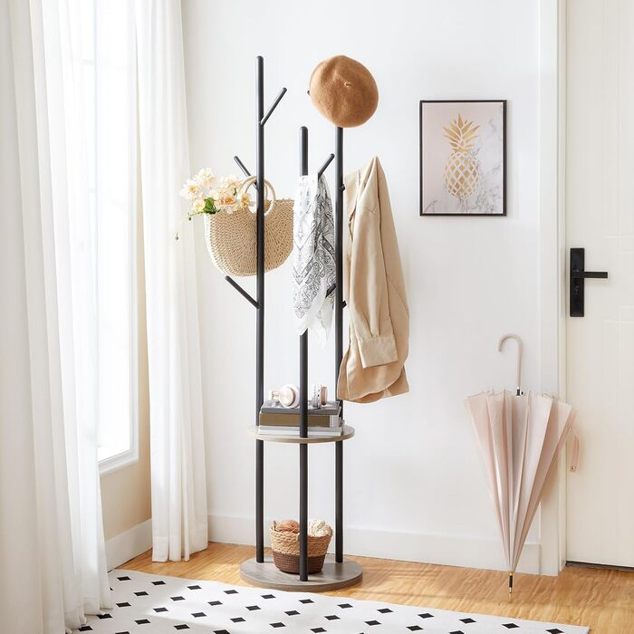 HOOBRO Coat Rack, Freestanding Clothes Rack, Tree-Shaped Wardrobe with 8 Hooks, 2 Round Shelves, for Clothes, Hat, Bag, Living Room, Bedroom, OfficeDark Brown-Black EBF33YM01G1 (Greige + Black)