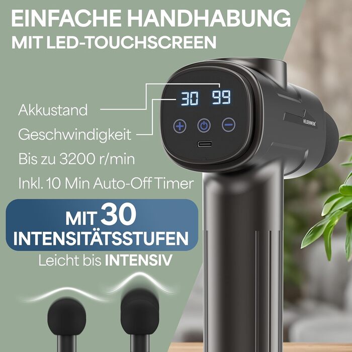 Масажер для м'язів з 6 насадками та 30 швидкостями, USB-C, LCD-дисплей (сірий)