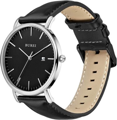 Годинник чоловічий BUREI, мінімалістичний, аналоговий кварцовий годинник з сітчатим ремінцем, чорний/срібний, подарунок для чоловіків