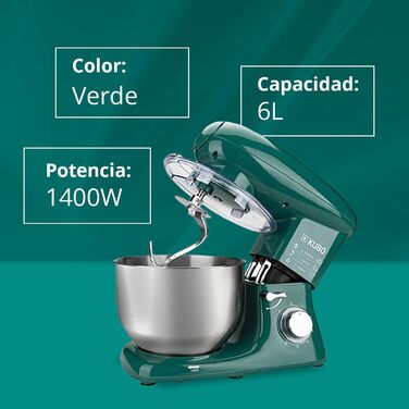 Kubo Food Processor - 7 Accessories: Mixing Bowl, Meat Grinder, Large Bowl, Protective Lid, Whisk, Mixer, and Dough Hook - Color: Green - Capacity: 6 Liters