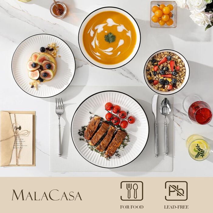 Набір посуду MALACASA LEILA для 6 осіб, 24 предмета: тарілки, миски, порцеляна, ручне рельєфне оформлення, підходить для мікрохвильової печі та посудомийної машини, білий з чорним контуром