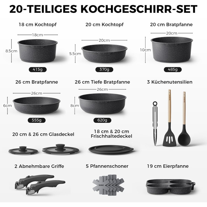 Набір каструль YASHE 20 предметів з антипригарним покриттям, знімні ручки, для індукційних плит, сумісний з духовкою до 230°C, можна мити в посудомийній машині, стійкий, ідеальний для сімей, сірий