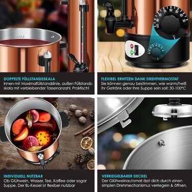 KESSER® Mulled Wine Boiler 8L Stainless Steel Incl. 10x Cups Mulled Wine Cooker with Thermostat Mulled Wine Dispenser Hot Beverage Dispenser Kettle Hot Water Dispenser Canning Device Level Indicator Tap Black (8 Liters / Copper)