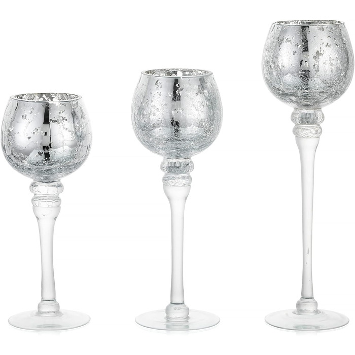 Romadedi Tealight Holder Candle Holder Glass Silver - Lantern Tealight Holder Decor Mercury 3-Piece Set 23.5/25.5/31.5 cm for Tealights Votive Candles, High Candles, Living Room Table Decoration, Wedding