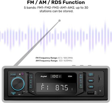 Автомагнітола 1 DIN Avylet Bluetooth 5.0, RDS/FM/AM, 7 кольорів підсвітки, USB, AUX-IN, MP3, підтримка 30 радіостанцій, функція гучного зв'язку