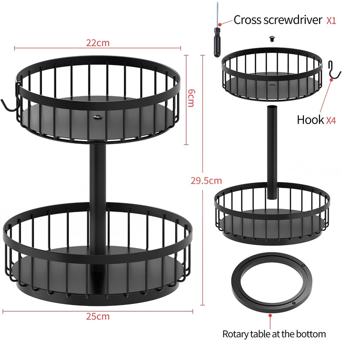 ZDDLOINP Обмежувач для фруктів та овочів, чорний, 2 яруси - органайзер для зберігання, велика фруктова корзина, етажерка для кухні, зберігає фрукти та овочі свіжими