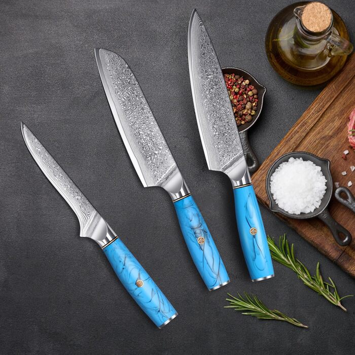 Ніж Kiritsuke Kochmesser Damast від Home Safety: професійний кухонний ніж з лезом 18.8 см з 67 шарів VG-10 Damaststahl, ергономічна ручка з натуральної смоли, подарункова коробка (3 шт)